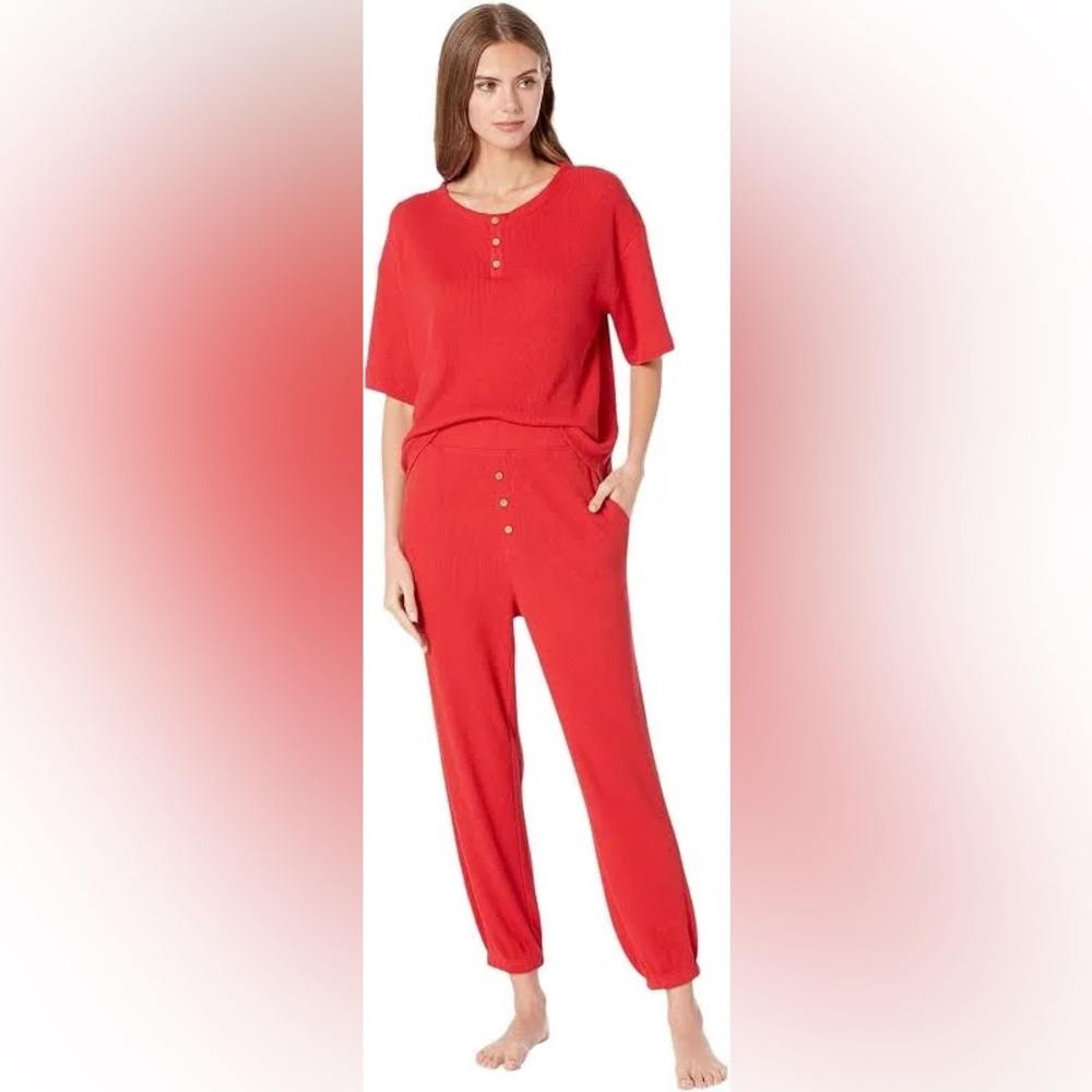 Eberjey Red Cozy Waffle Henley Short Sleeve Long Pants‎ Pajama PJ Set Red XS